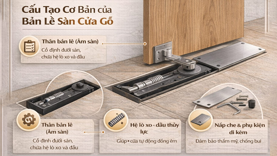 Cấu tạo cơ bản của bản lề sàn cửa gỗ