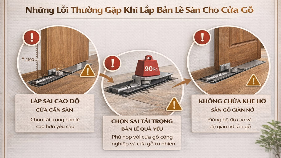 Lỗi thường gặp khi lắp bản lề sàn cho cửa gỗ