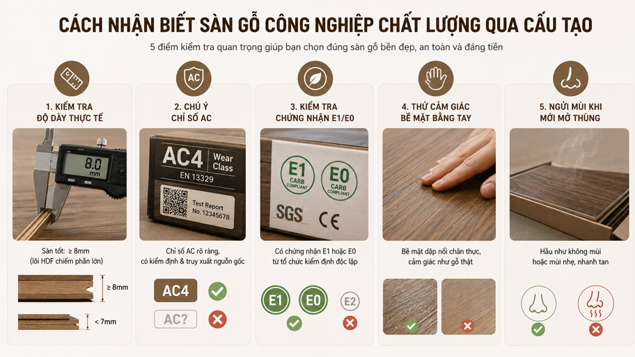 Cách nhận biết sàn gỗ công nghiệp chất lượng qua cấu tạo