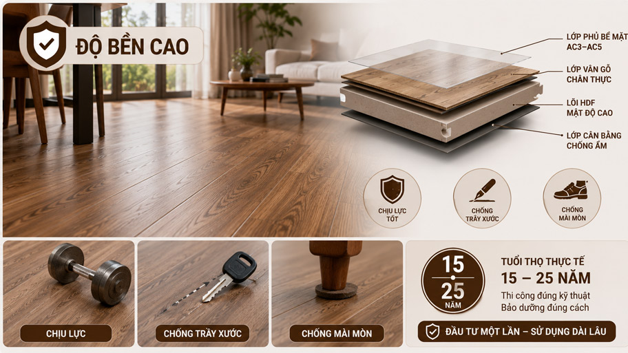 Độ bền sàn gỗ công nghiệp cao