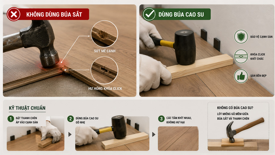 Dùng búa sắt đóng trức tiếp lên sàn khi thi công