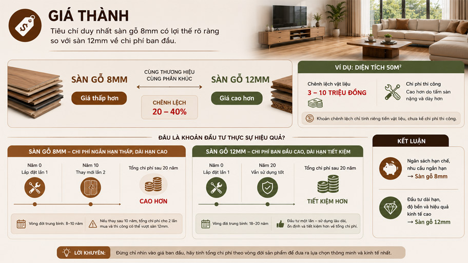 Giá thành của sàn 8mm và 12mm