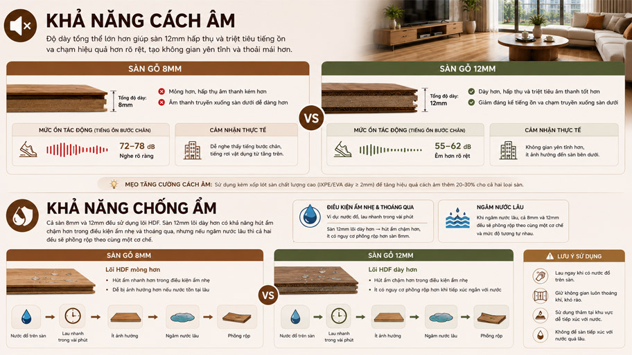 Khả năng cách âm chịu lực của sàn 8mm và 12mm