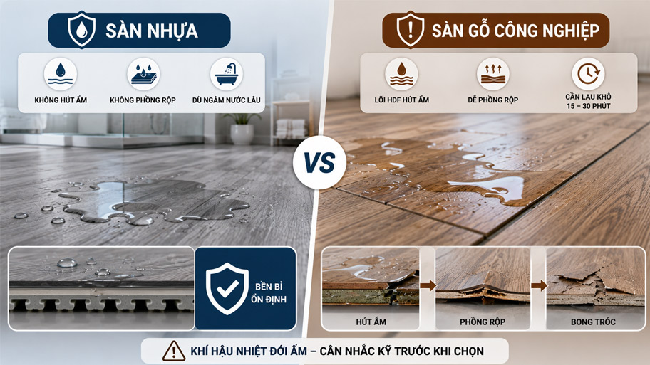 Khả năng chống nước và chịu ẩm của sàn nhựa và sàn gỗ