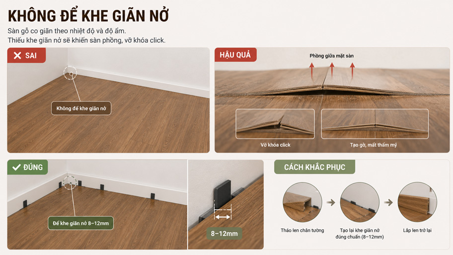 Không để khe gian nở khi thi công sàn gỗ công nghiệp
