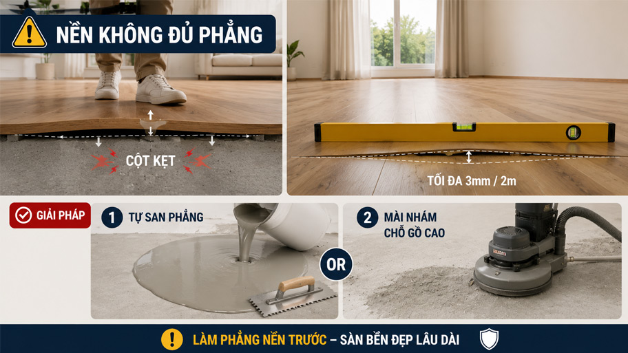 Nền không đủ phẳng khi thi công sàn gỗ công nghiệp